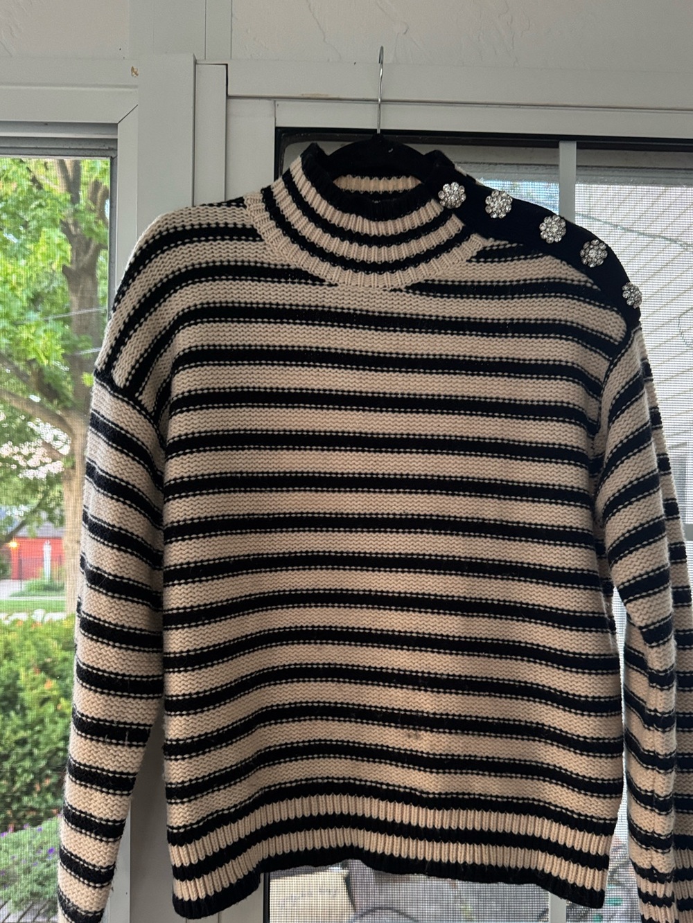 J. Crew Striped Mockneck Roll Cream Black Rhinestone Wool Blend Sweater $128